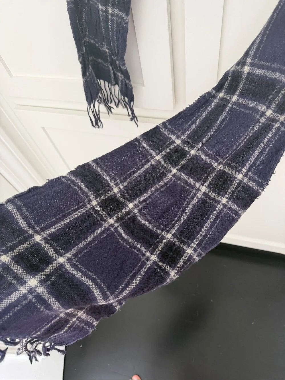 Isabel Marant Navy and White Plaid Scarf with Fringe